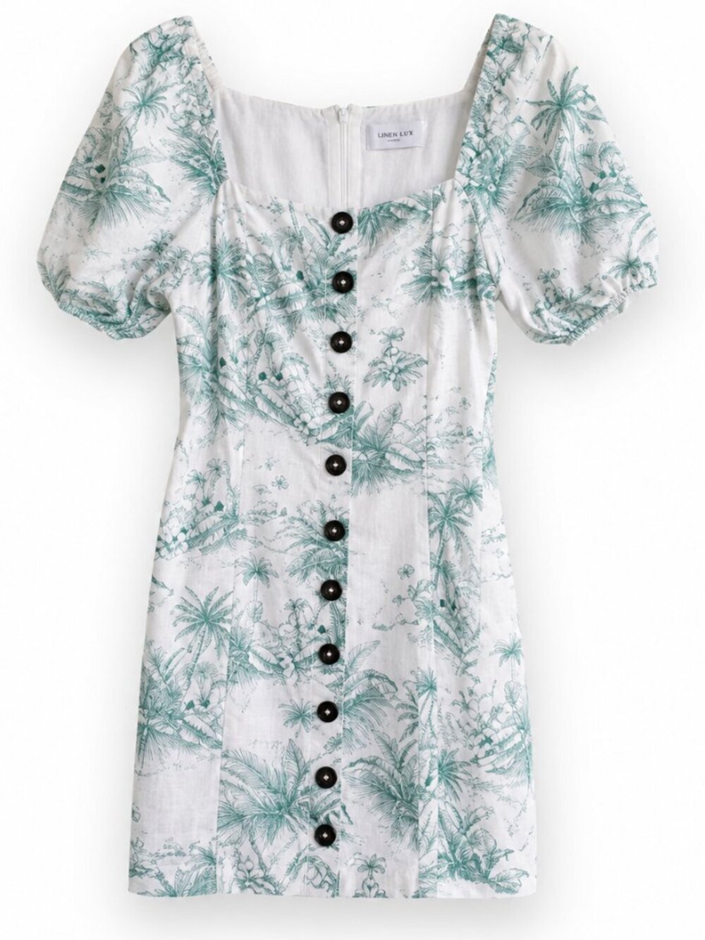 Linen Lux XS Teal Palm Print Linen Blend Mini Dress Square Neck Puff Sleeve Cute - Picture 4 of 14